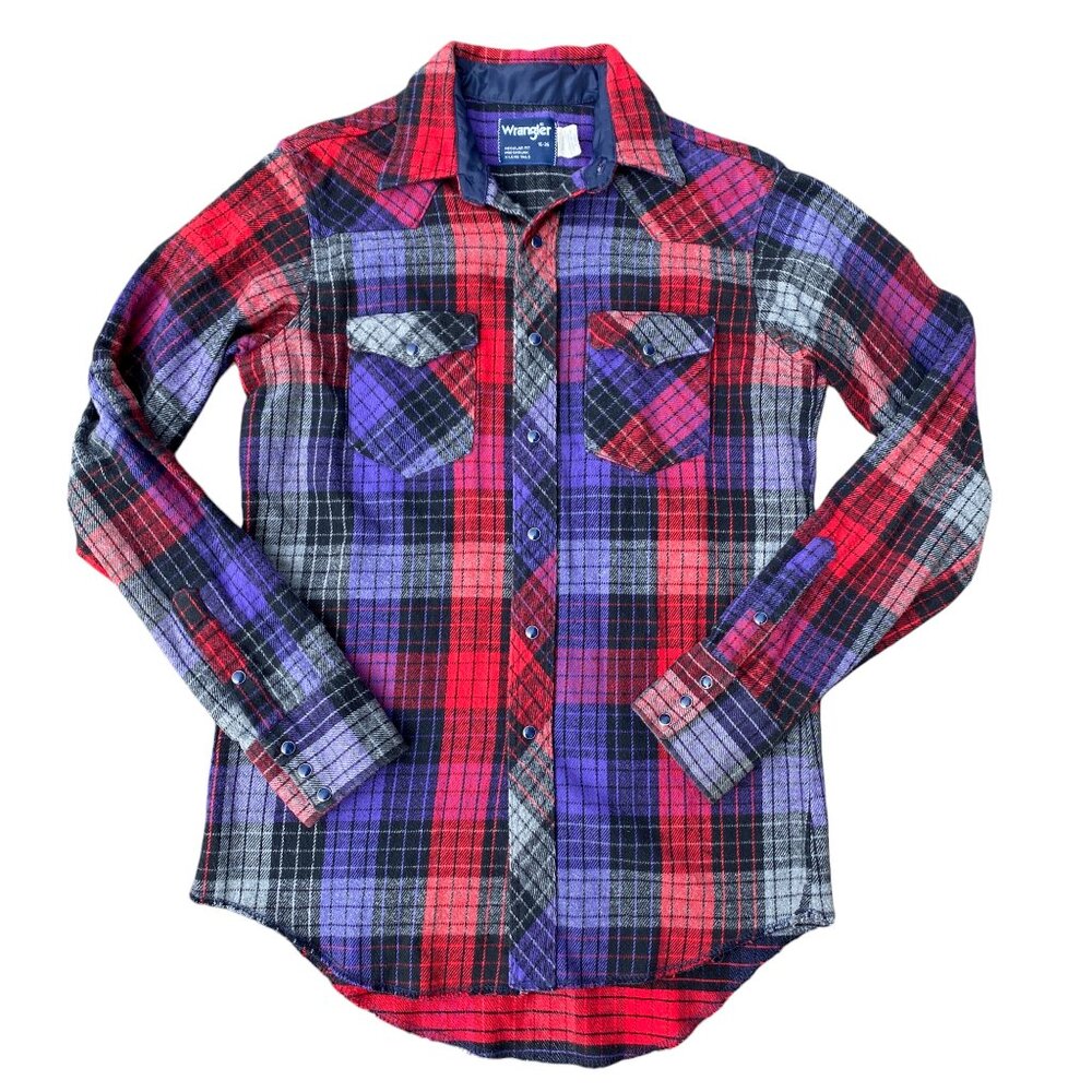 Vintage Wrangler Cowboy Cut Pearl Snap Flannel Shirt Mens Red Purple Plaid-16